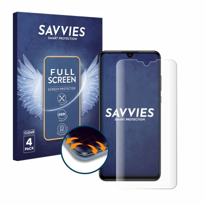 Face avant d’un emballage produit avec le logo de la marque Savvies. À côté, l’appareil Huawei P30 lite New Edition est représ