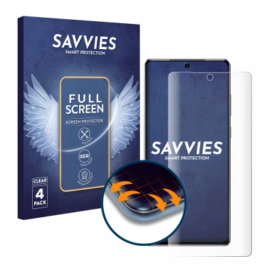 Face avant d’un emballage produit avec le logo de la marque Savvies. À côté, l’appareil Samsung Galaxy Note 20 est représenté 