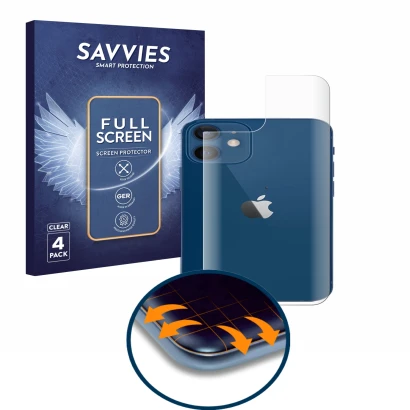 Face avant d’un emballage produit avec le logo de la marque Savvies. À côté, l’appareil Apple iPhone 12 (Arrière) est représen