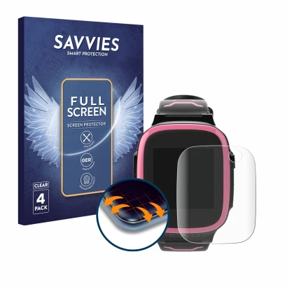 Face avant d’un emballage produit avec le logo de la marque Savvies. À côté, l’appareil Xplora X5 Play est représenté avec la 