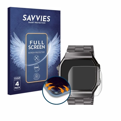 Face avant d’un emballage produit avec le logo de la marque Savvies. À côté, l’appareil Casio A168WEGG-1BEF est représenté ave