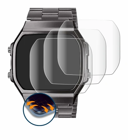 Image de l'appareil Casio A168WEGG-1BEF avec une grande variété de protections d'écran.