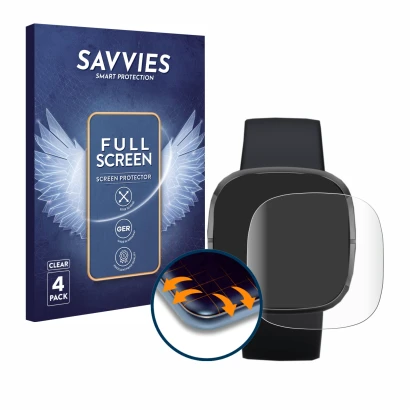 Face avant d’un emballage produit avec le logo de la marque Savvies. À côté, l’appareil Fitbit Sense est représenté avec la pr