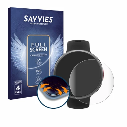 Face avant d’un emballage produit avec le logo de la marque Savvies. À côté, l’appareil Polar Vantage V2 est représenté avec l