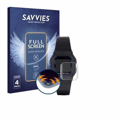 Face avant d’un emballage produit avec le logo de la marque Savvies. À côté, l’appareil Casio W-800H-1AVES est représenté avec