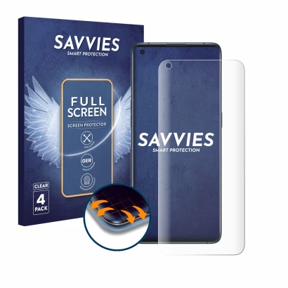 Face avant d’un emballage produit avec le logo de la marque Savvies. À côté, l’appareil Oppo Find X3 Pro est représenté avec l