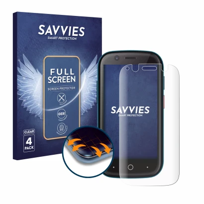 Face avant d’un emballage produit avec le logo de la marque Savvies. À côté, l’appareil Unihertz Jelly 2 est représenté avec l