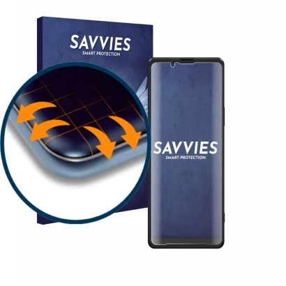 Face avant d’un emballage produit avec le logo de la marque Savvies. À côté, l’appareil Sony Xperia 1 III est représenté avec 