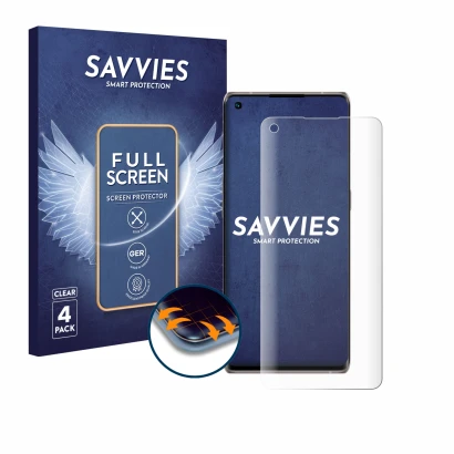 Face avant d’un emballage produit avec le logo de la marque Savvies. À côté, l’appareil Oppo Find X3 Neo est représenté avec l