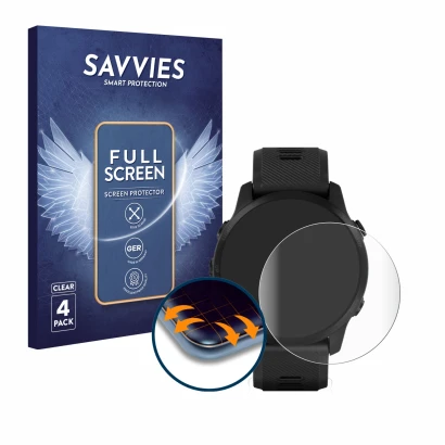 Face avant d’un emballage produit avec le logo de la marque Savvies. À côté, l’appareil Garmin Forerunner 945 LTE est représen