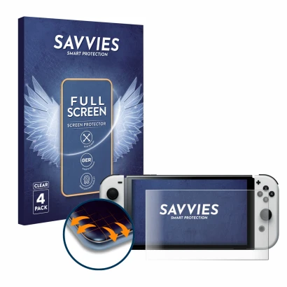 Face avant d’un emballage produit avec le logo de la marque Savvies. À côté, l’appareil Nintendo Switch OLED-Modell est représ
