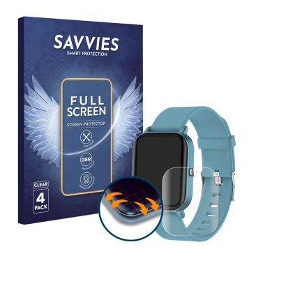 Face avant d’un emballage produit avec le logo de la marque Savvies. À côté, l’appareil Pubu Smartwatch est représenté avec la