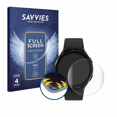 Face avant d’un emballage produit avec le logo de la marque Savvies. À côté, l’appareil Samsung Galaxy Watch 4 (44mm) est repr
