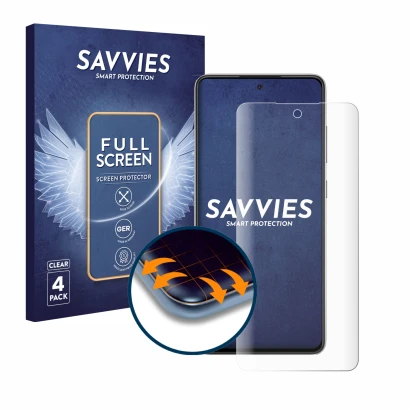Face avant d’un emballage produit avec le logo de la marque Savvies. À côté, l’appareil Samsung Galaxy A52s 5G est représenté 