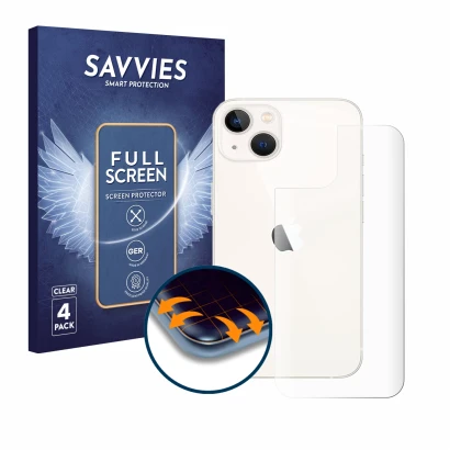 Face avant d’un emballage produit avec le logo de la marque Savvies. À côté, l’appareil Apple iPhone 13 (Arrière) est représen