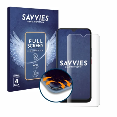 Face avant d’un emballage produit avec le logo de la marque Savvies. À côté, l’appareil Gigaset GS5 est représenté avec la pro