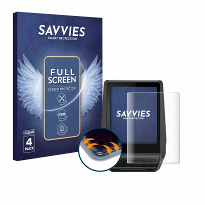 Face avant d’un emballage produit avec le logo de la marque Savvies. À côté, l’appareil Bosch Nyon 2 2021 est représenté avec 