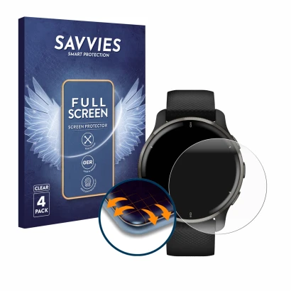 Face avant d’un emballage produit avec le logo de la marque Savvies. À côté, l’appareil Garmin Venu 2 Plus est représenté avec