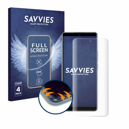 Face avant d’un emballage produit avec le logo de la marque Savvies. À côté, l’appareil Xiaomi 12 Pro est représenté avec la p