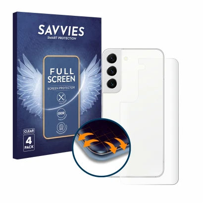 Face avant d’un emballage produit avec le logo de la marque Savvies. À côté, l’appareil Samsung Galaxy S22 5G (Arrière) est re
