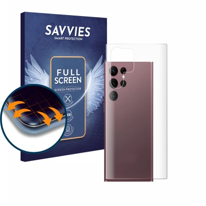 Face avant d’un emballage produit avec le logo de la marque Savvies. À côté, l’appareil Samsung Galaxy S22 Ultra 5G (Arrière) 