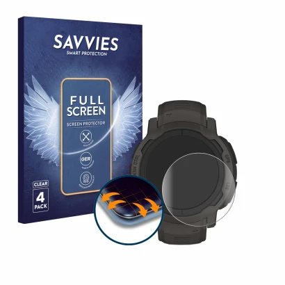 Face avant d’un emballage produit avec le logo de la marque Savvies. À côté, l’appareil Garmin Instinct 2 est représenté avec 