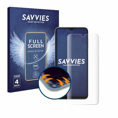 Face avant d’un emballage produit avec le logo de la marque Savvies. À côté, l’appareil Samsung Galaxy A13 est représenté avec