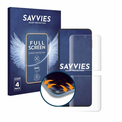 Face avant d’un emballage produit avec le logo de la marque Savvies. À côté, l’appareil Samsung Galaxy Z Flip 4 est représenté