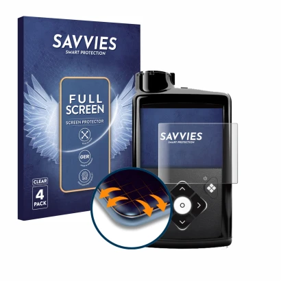 Face avant d’un emballage produit avec le logo de la marque Savvies. À côté, l’appareil Medtronic Minimed 780G est représenté 