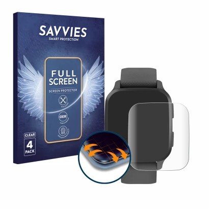 Face avant d’un emballage produit avec le logo de la marque Savvies. À côté, l’appareil Garmin Venu Sq 2 est représenté avec l