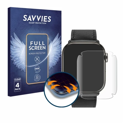 Face avant d’un emballage produit avec le logo de la marque Savvies. À côté, l’appareil Apple Watch Hermès (41 mm) est représe