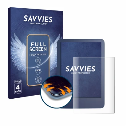 Face avant d’un emballage produit avec le logo de la marque Savvies. À côté, l’appareil Amazon Kindle Reader 2022 est représen
