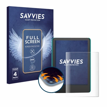 Face avant d’un emballage produit avec le logo de la marque Savvies. À côté, l’appareil Amazon Kindle Kids (2022) est représen