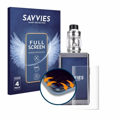 Face avant d’un emballage produit avec le logo de la marque Savvies. À côté, l’appareil GeekVape T200 est représenté avec la p