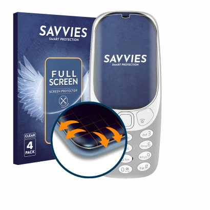 Face avant d’un emballage produit avec le logo de la marque Savvies. À côté, l’appareil Nokia 3310 (2017) est représenté avec 
