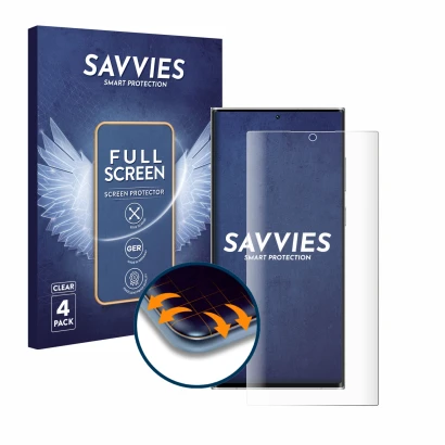 Face avant d’un emballage produit avec le logo de la marque Savvies. À côté, l’appareil Samsung Galaxy S22 Ultra 5G (case-frie