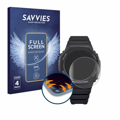 Face avant d’un emballage produit avec le logo de la marque Savvies. À côté, l’appareil Casio G-Shock GA-B2100 est représenté 
