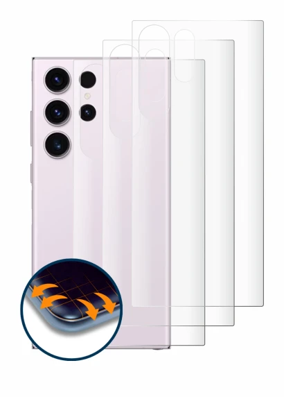 Image de l'appareil Samsung Galaxy S23 Ultra (Arrière) avec une grande variété de protections d'écran.