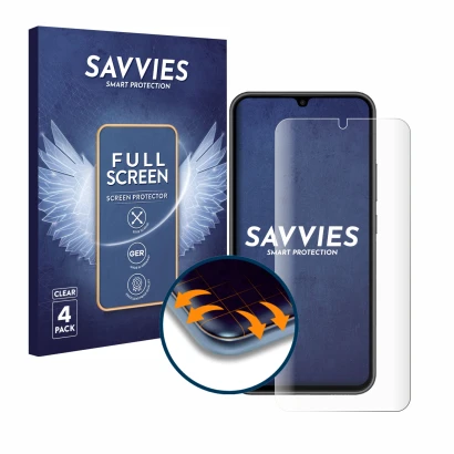 Face avant d’un emballage produit avec le logo de la marque Savvies. À côté, l’appareil Samsung Galaxy A34 5G est représenté a