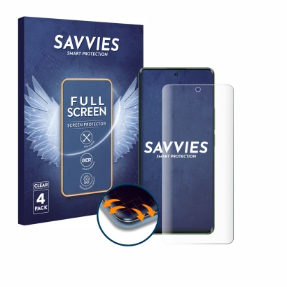 Face avant d’un emballage produit avec le logo de la marque Savvies. À côté, l’appareil realme 11 Pro Plus est représenté avec