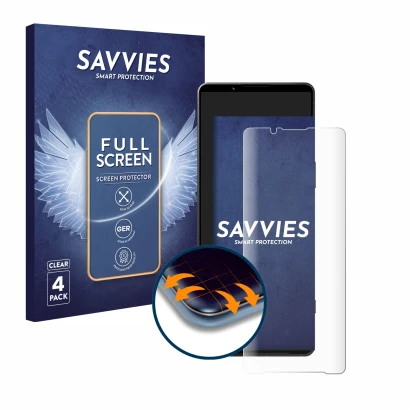 Face avant d’un emballage produit avec le logo de la marque Savvies. À côté, l’appareil Sony Xperia 1 V est représenté avec la