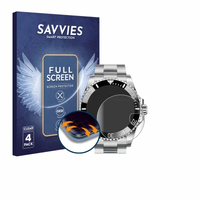 Face avant d’un emballage produit avec le logo de la marque Savvies. À côté, l’appareil Rolex Submariner 16610 (Date) est repr