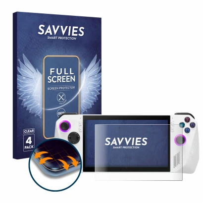 Face avant d’un emballage produit avec le logo de la marque Savvies. À côté, l’appareil ASUS ROG Ally (2023) RC71L est représe