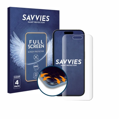 Face avant d’un emballage produit avec le logo de la marque Savvies. À côté, l’appareil Apple iPhone 15 est représenté avec la