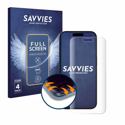 Face avant d’un emballage produit avec le logo de la marque Savvies. À côté, l’appareil Apple iPhone 15 Plus est représenté av