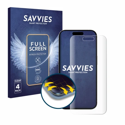 Face avant d’un emballage produit avec le logo de la marque Savvies. À côté, l’appareil Apple iPhone 15 Pro est représenté ave
