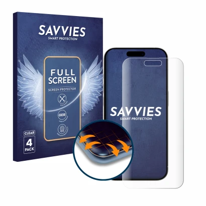 Face avant d’un emballage produit avec le logo de la marque Savvies. À côté, l’appareil Apple iPhone 15 Pro Max est représenté