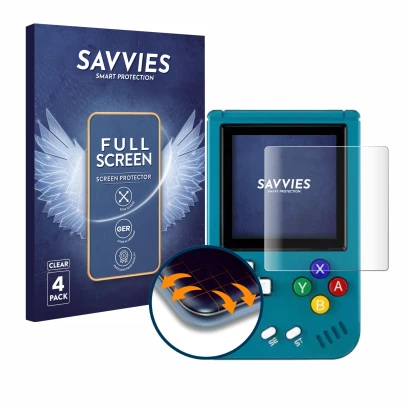 Face avant d’un emballage produit avec le logo de la marque Savvies. À côté, l’appareil Anbernic RG Nano est représenté avec l