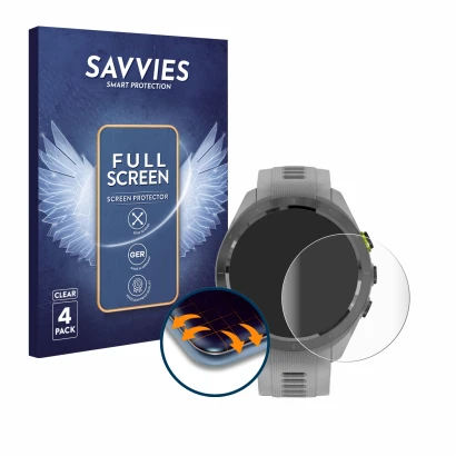 Face avant d’un emballage produit avec le logo de la marque Savvies. À côté, l’appareil Garmin Approach S70 (42 mm) est représ