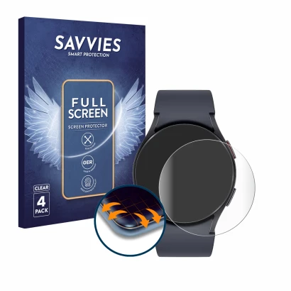 Face avant d’un emballage produit avec le logo de la marque Savvies. À côté, l’appareil Samsung Galaxy Watch 6 (44 mm) est rep